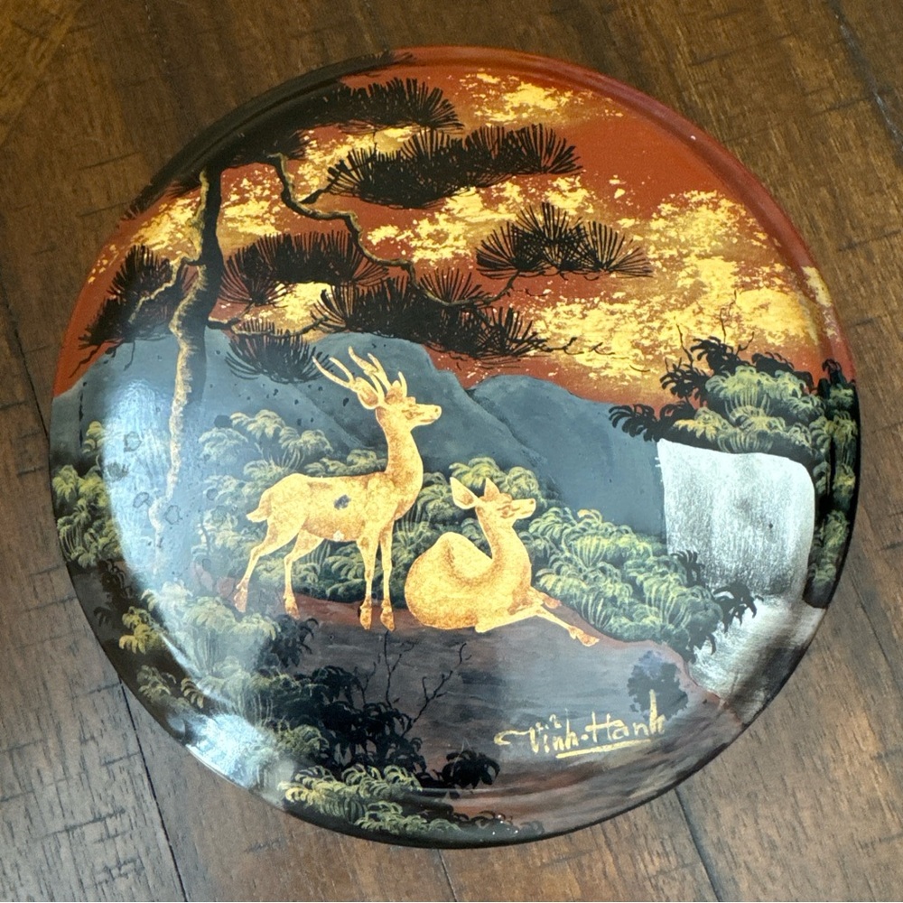 Lacquer‎ Painting on Trinket Box Gold Skies Deer Signed Vinh Hanh Vietnamese VTG